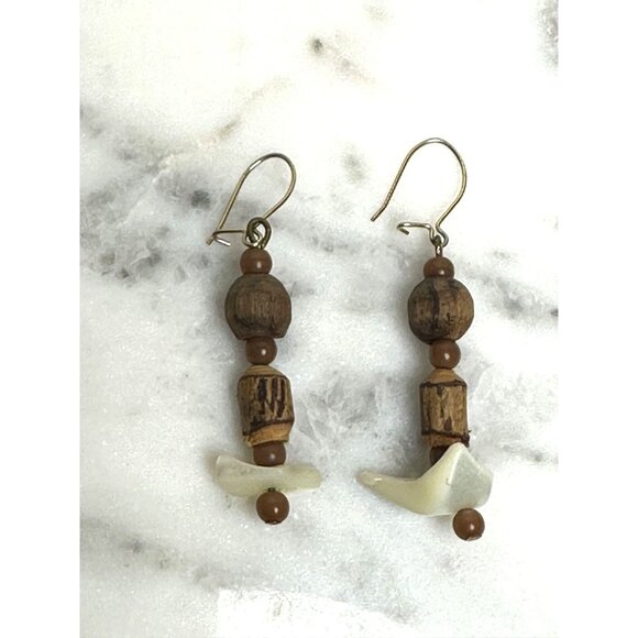 Handcrafted Wooden & Shell Drop Earrings Whimsical Unique Lightweight Jewelry - Picture 2 of 3